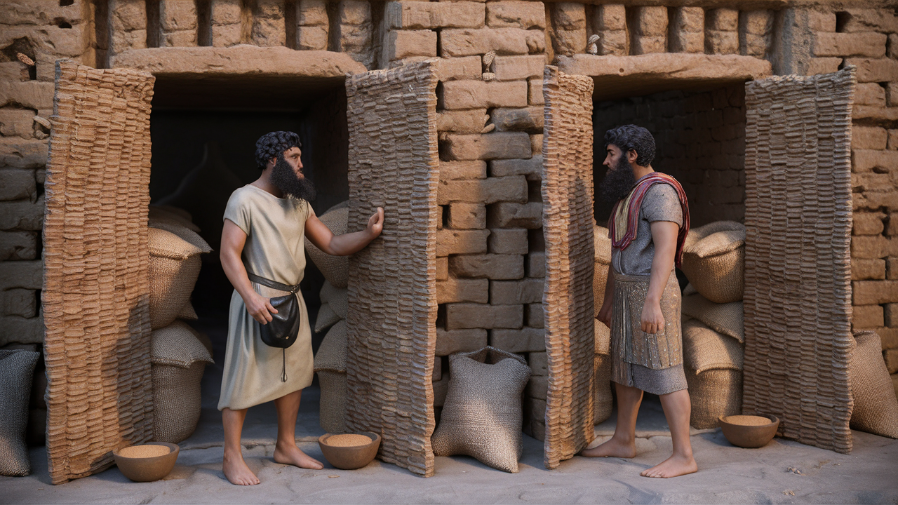 AI generated image showing bowls (lockes) full of sand infront of storage rooms. Hidden in the sand would be clay solid shape tokens. The man's leather sack is the key and holds the same tokens as are in the bowl.